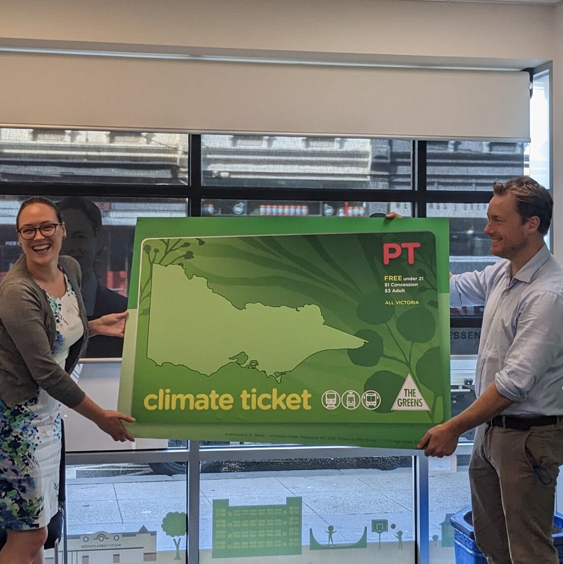 Katherine Copsey MLC and Sam Hibbins MLA hold a large green placard, which looks similar to a green-tinted myki card, with "climate ticket" on it